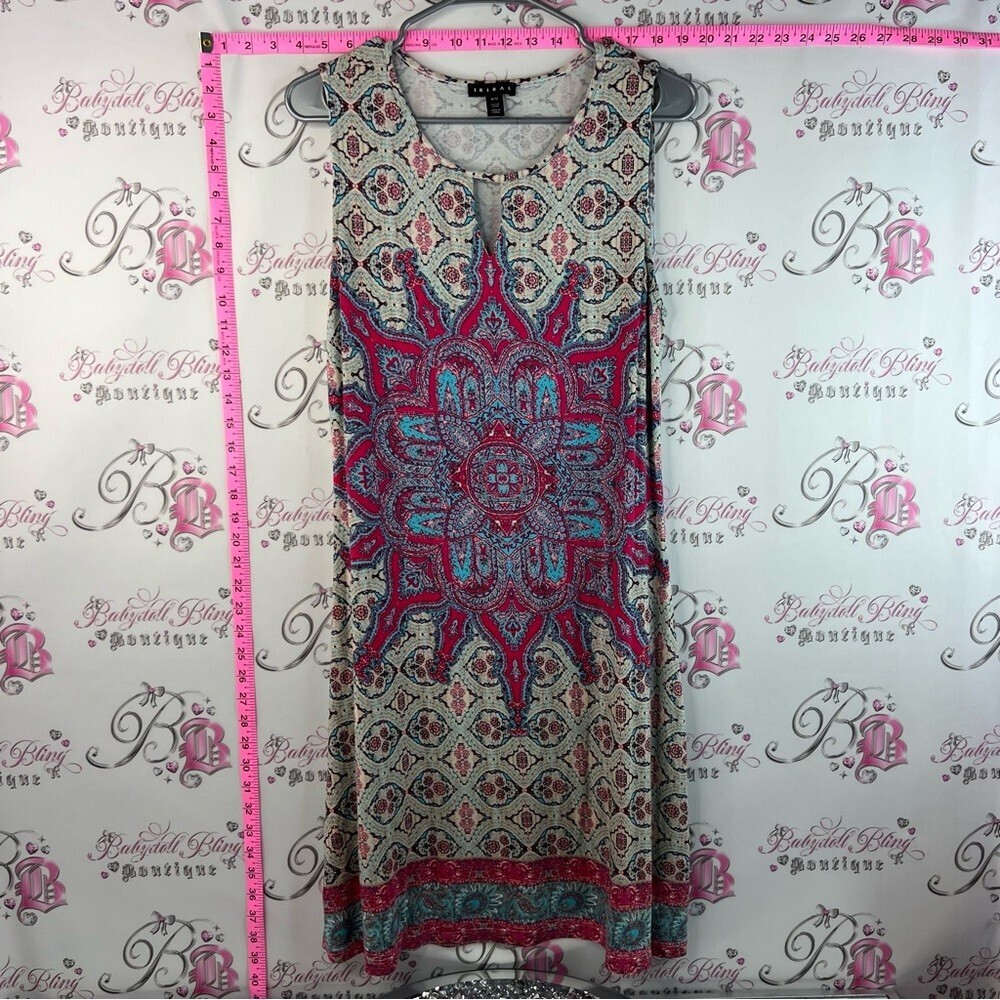 Tribal Sleeveless Patterned Shift Dress in Teal, Fuchsia and Cream